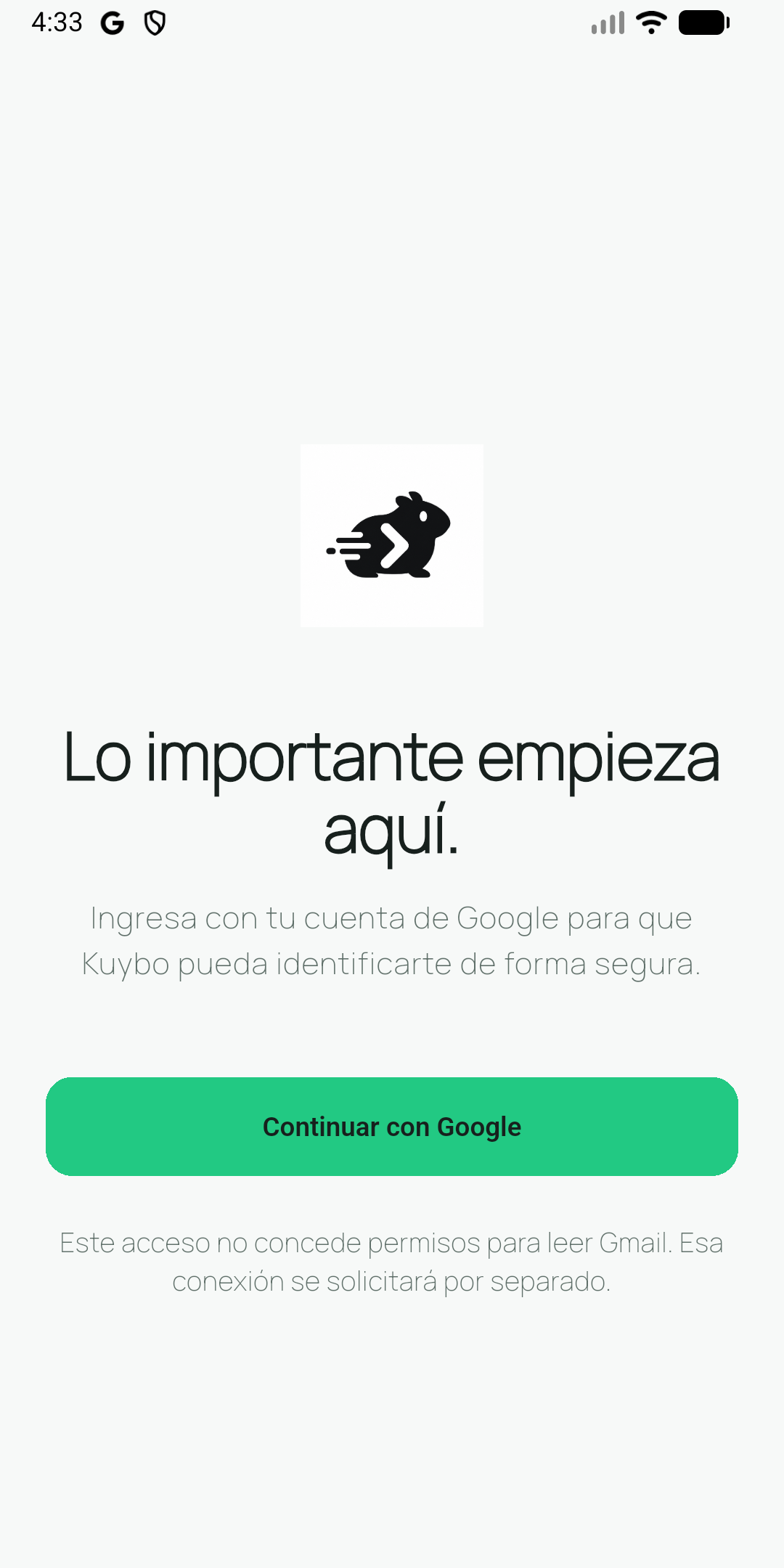 Pantalla de entrada de Kuybo con Continuar con Google y aviso de consentimiento separado para Gmail