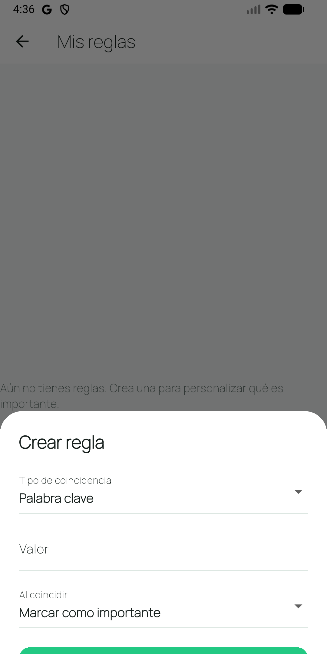 Formulario Crear regla sin completar, con coincidencia por palabra clave, valor y efecto de importancia